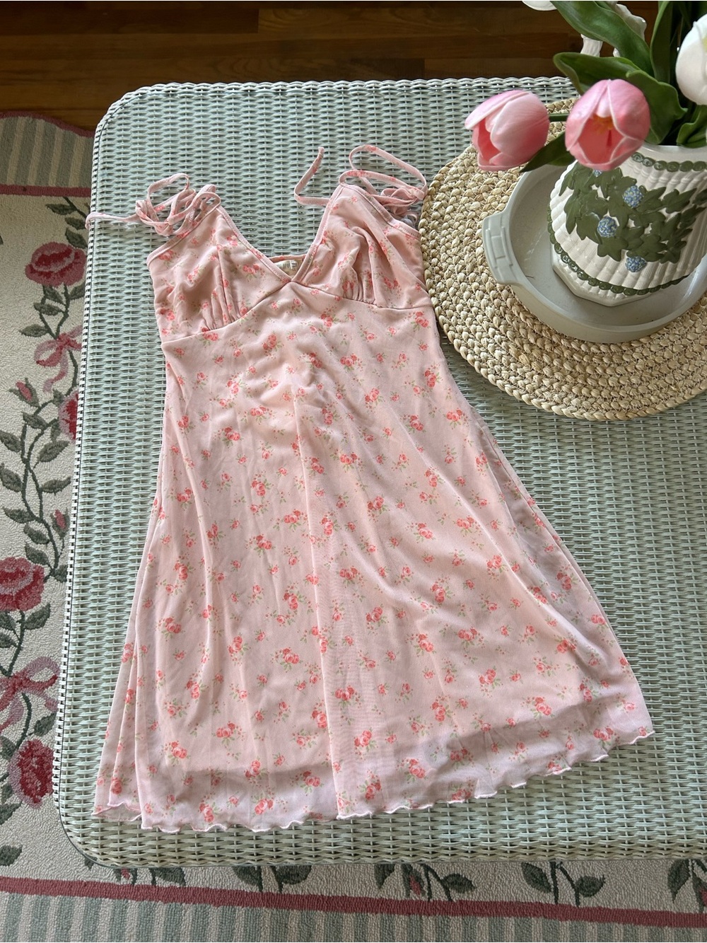 See You Monday Blush Pink Rose-Print Slip Dress